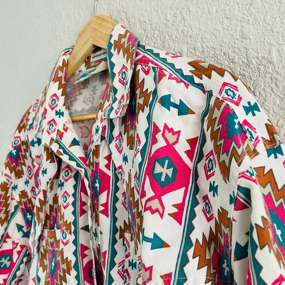 Vintage Geometric Button Down Shirt - Pink, Brown, Blue - Picture 10 of 13